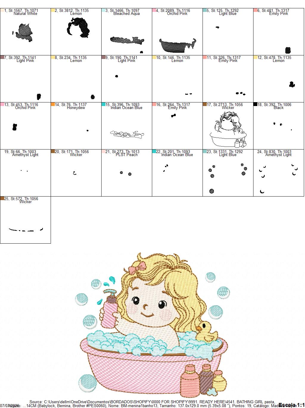 Girl in bathtub embroidery design - Bathing girl machine embroidery pattern - Baby Girl file - Instant digital download pes jef dst
