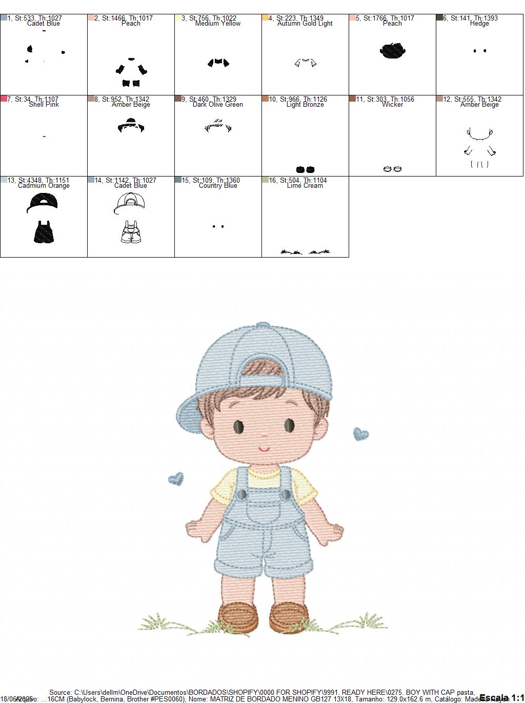 Boy with cap embroidery design - Baby Boy with overall and hearts machine embroidery pattern - Instant digital download pes jef dst hus vp3