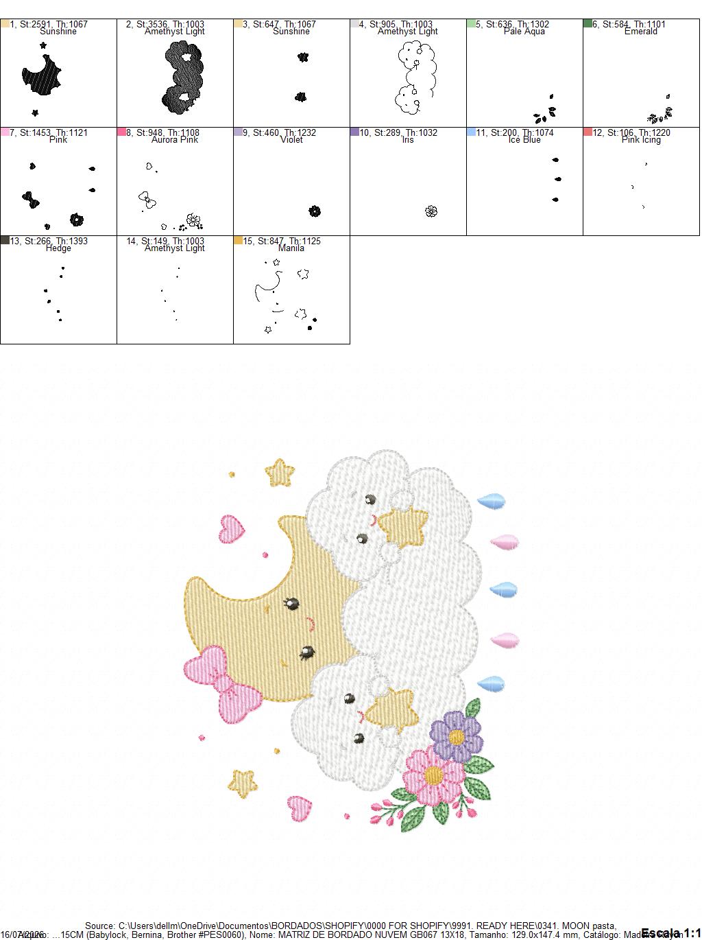 Moon with stars hearts and flowers embroidery design - Baby Girl Half moon machine embroidery pattern - Instant digital download pes jef hus