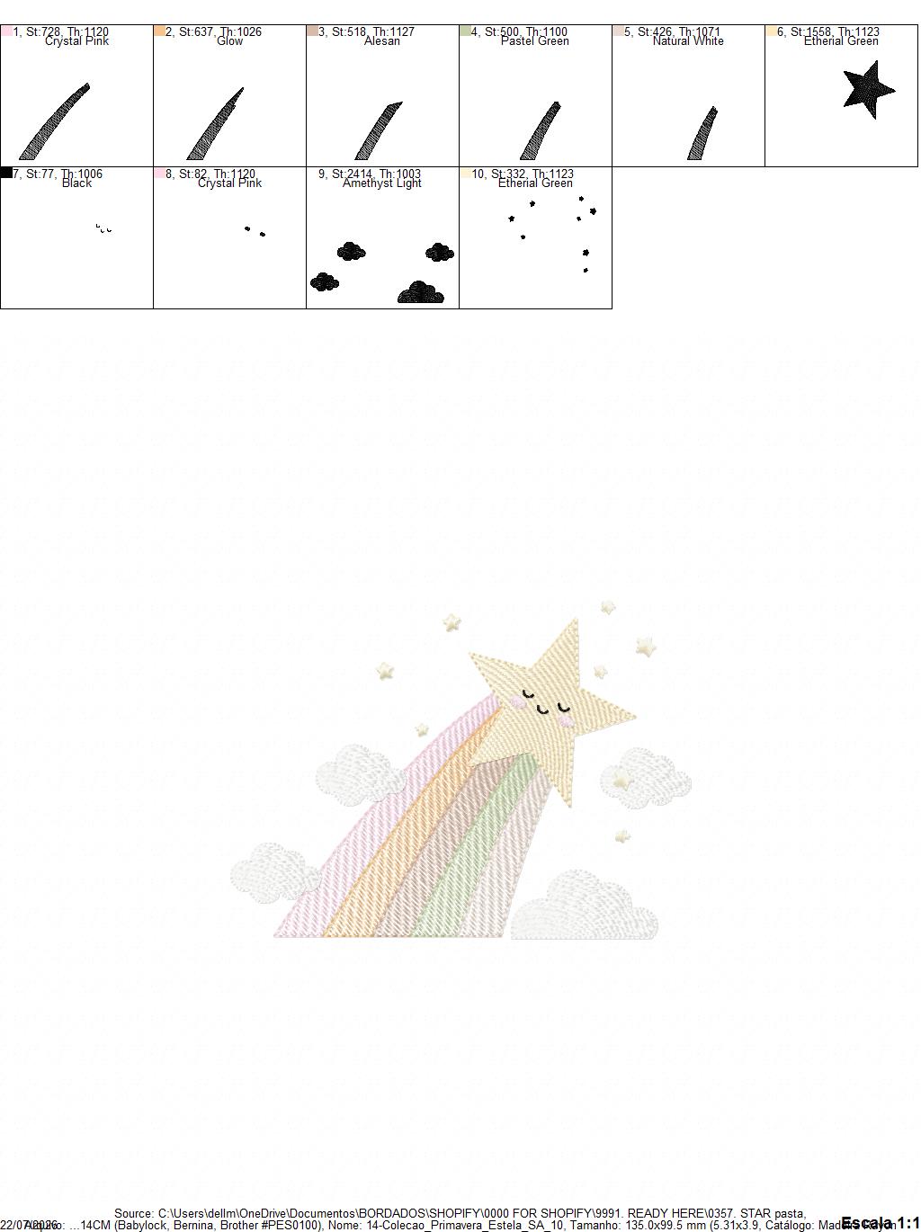 Stars and clouds embroidery design - Falling Rainbow Star machine embroidery pattern - Boho stars with leaves - Instant digital download jef pes