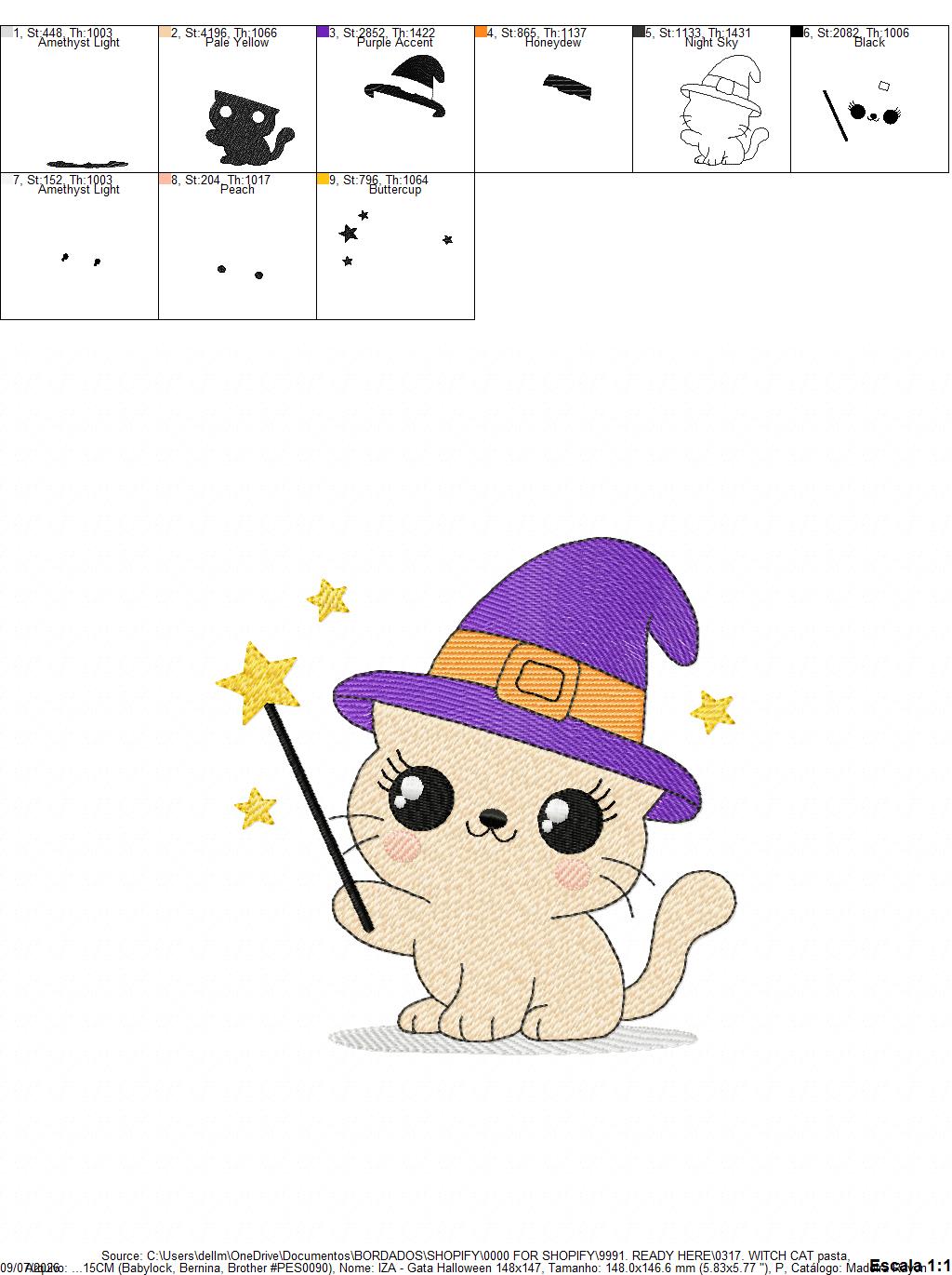 Halloween Cat embroidery design - Kitty with witch hat and magic wand machine embroidery pattern - Baby Pussy cat file - Instant digital download pes jef