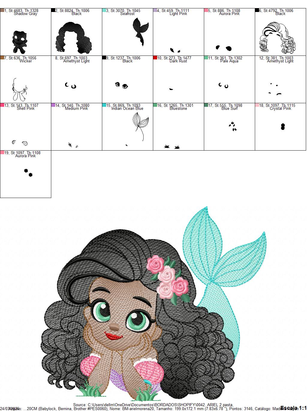 Ariel embroidery design - Disney Princess machine embroidery patterns - Baby Girl with Black Curly Hair - Instant digital download - Marcia Embroidery