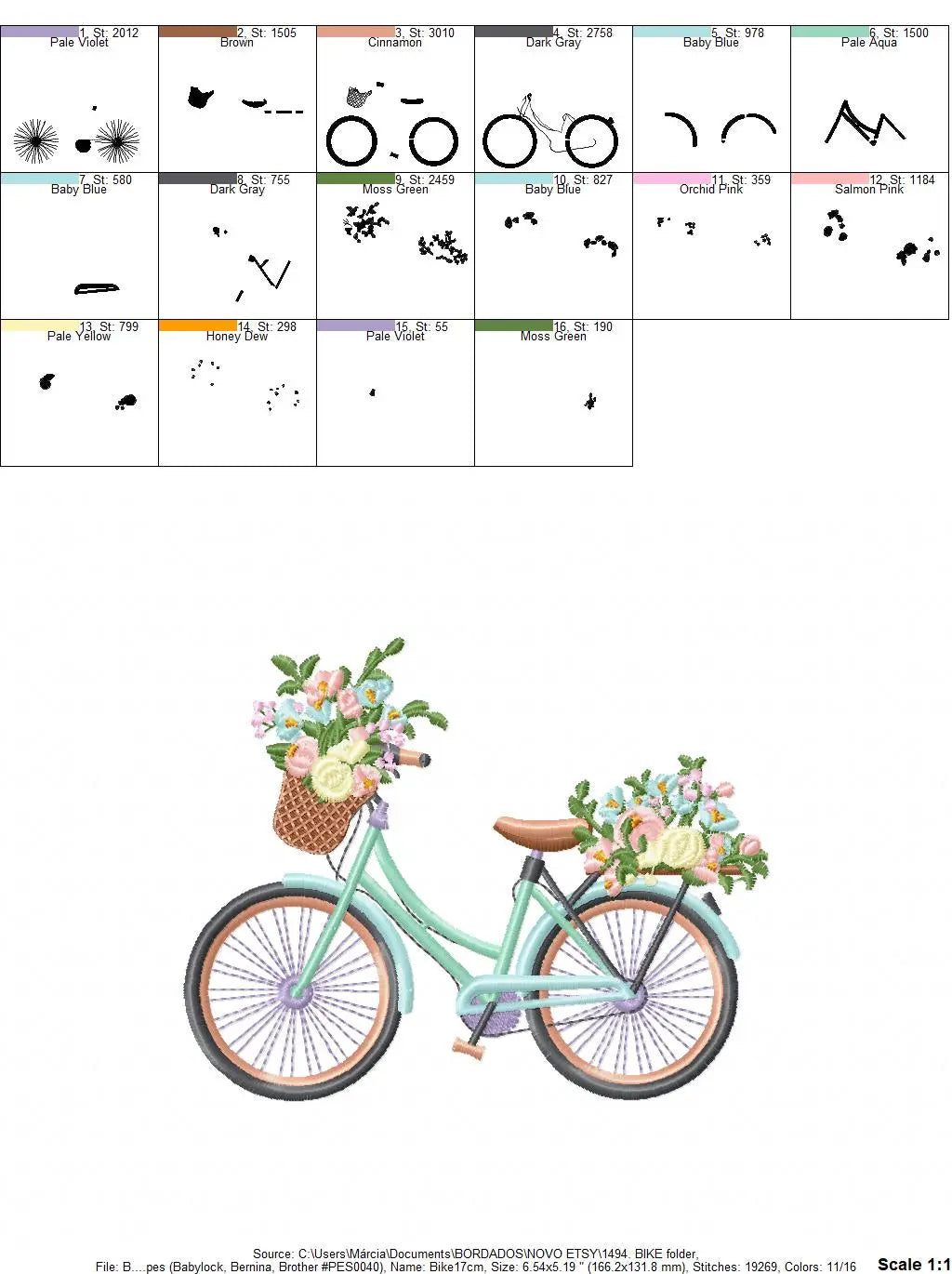 Floral Bike embroidery designs - Old Bicycle with flower basket embroidery design machine embroidery pattern - instant download jef pes dst Marcia Embroidery