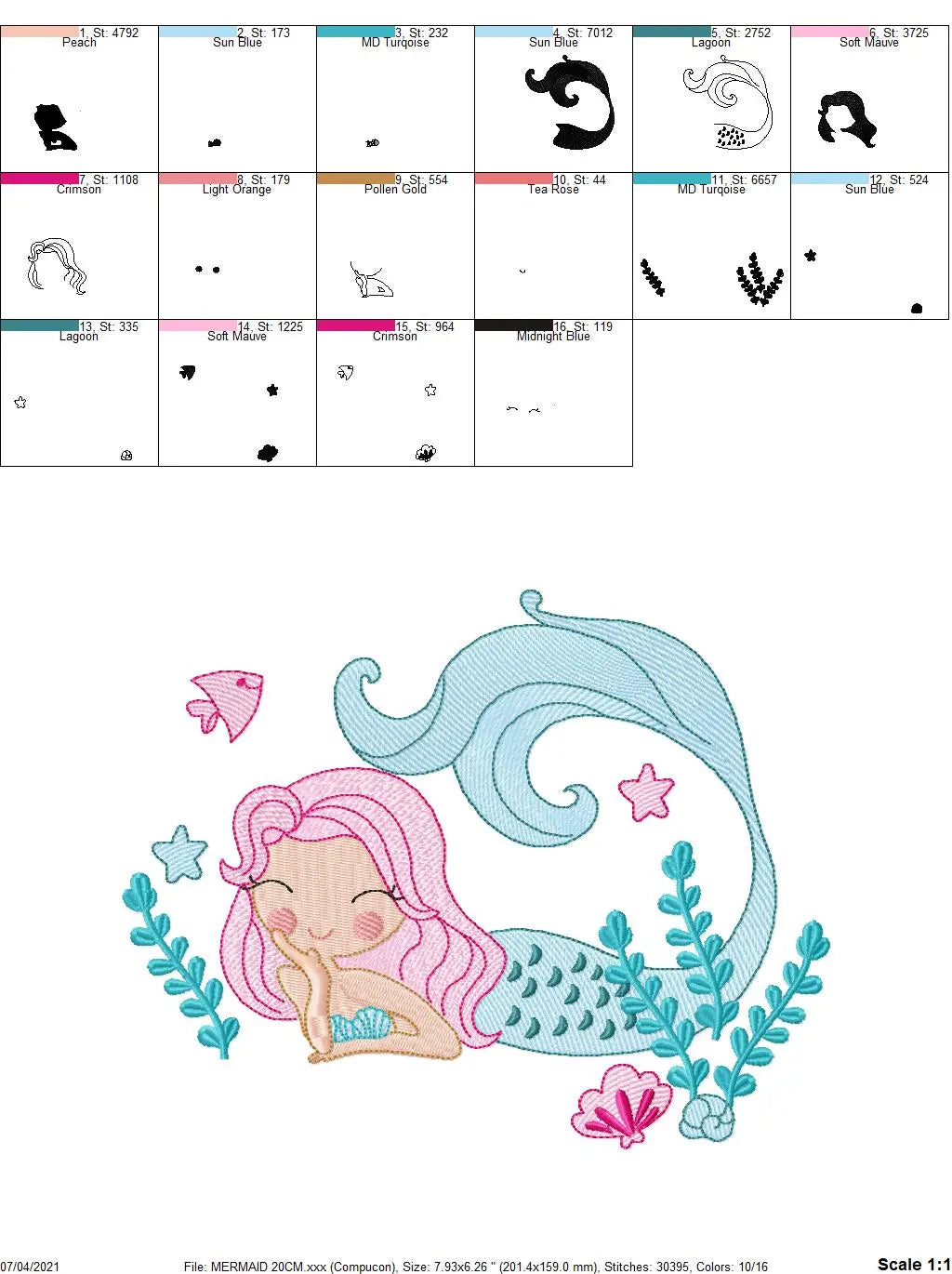 Mermaid embroidery designs - Sea Princess with fishes and algae machine embroidery pattern - Baby Girl file - Instant digital download pes Marcia Embroidery