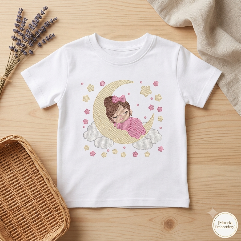 Baby girl with stars embroidery design - Newborn sleeping in the moon machine embroidery pattern - Instant digital download pes jef dst