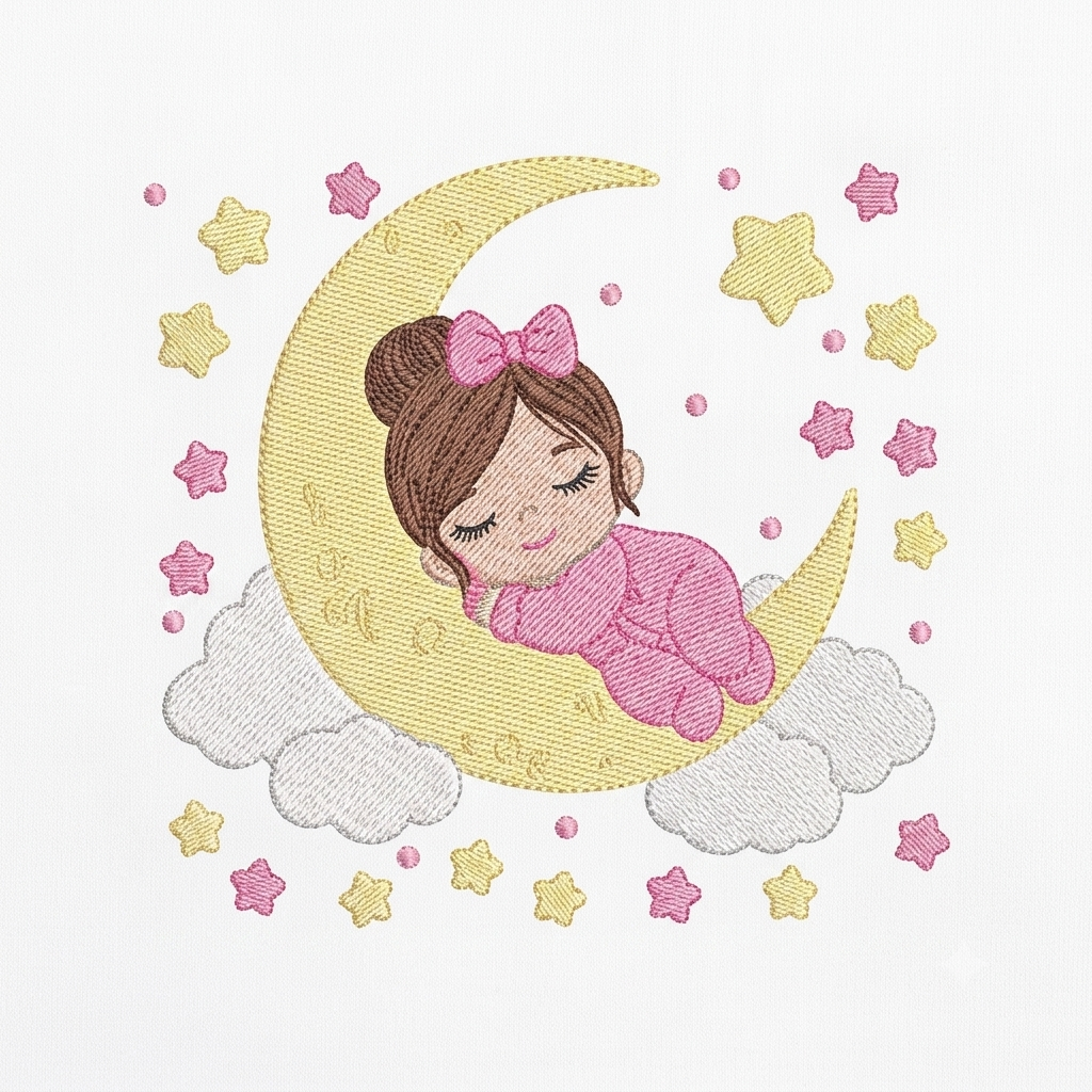 Baby girl with stars embroidery design - Newborn sleeping in the moon machine embroidery pattern - Instant digital download pes jef dst