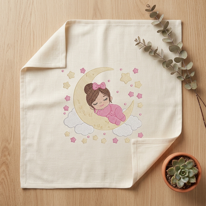 Baby girl with stars embroidery design - Newborn sleeping in the moon machine embroidery pattern - Instant digital download pes jef dst