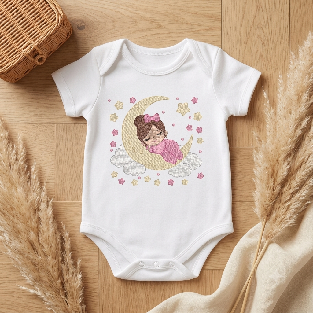 Baby girl with stars embroidery design - Newborn sleeping in the moon machine embroidery pattern - Instant digital download pes jef dst