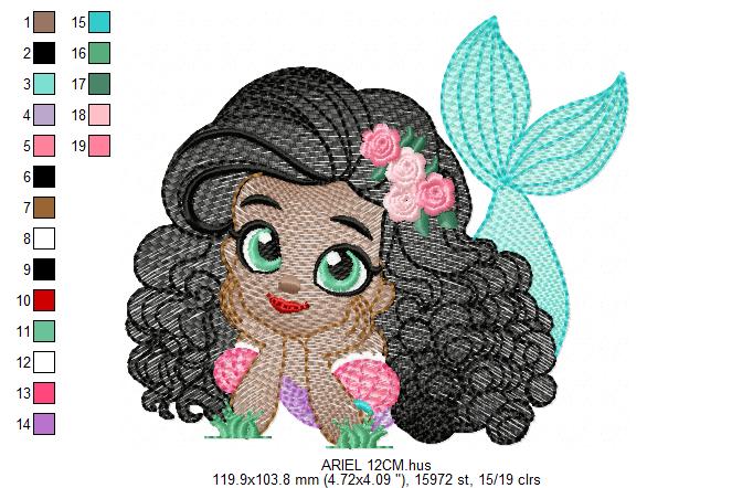Ariel embroidery designs - Disney Princess machine embroidery patterns - Baby Girl with Black Curly Hair Mermaid design - Instant digital download pes jef dst hus vp3 - Marcia Embroidery