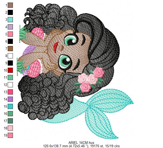 Ariel embroidery designs - Disney Princess machine embroidery patterns - Baby Girl with Black Curly Hair Mermaid design - Instant digital download pes jef dst hus vp3 - Marcia Embroidery