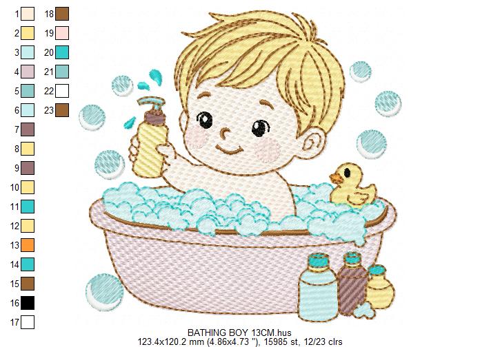Boy in bathtub embroidery design - Bathing boy machine embroidery pattern - Baby Boy file - Instant digital download pes jef