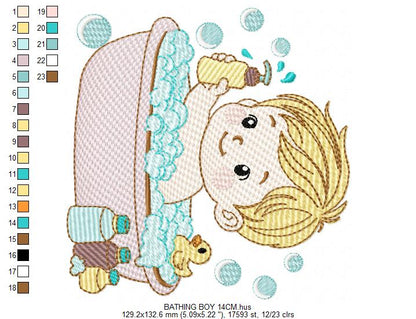 Boy in bathtub embroidery design - Bathing boy machine embroidery pattern - Baby Boy file - Instant digital download pes jef