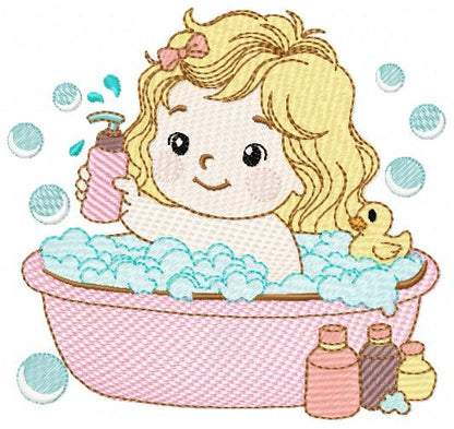 Girl in bathtub embroidery design - Bathing girl machine embroidery pattern - Baby Girl file - Instant digital download pes jef dst