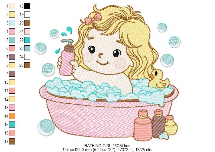 Girl in bathtub embroidery design - Bathing girl machine embroidery pattern - Baby Girl file - Instant digital download pes jef dst