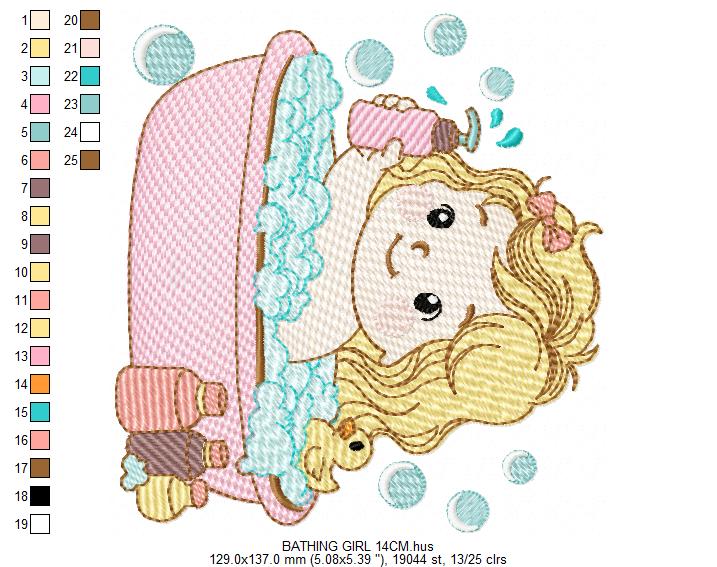 Girl in bathtub embroidery design - Bathing girl machine embroidery pattern - Baby Girl file - Instant digital download pes jef dst