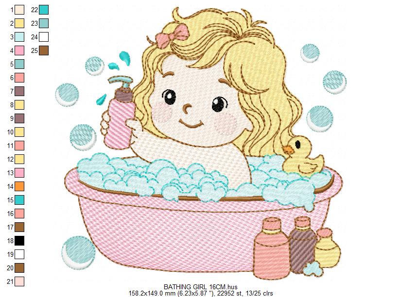 Girl in bathtub embroidery design - Bathing girl machine embroidery pattern - Baby Girl file - Instant digital download pes jef dst