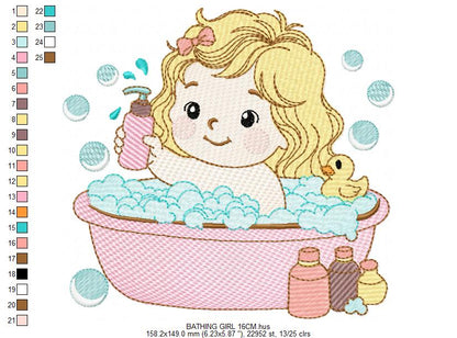 Girl in bathtub embroidery design - Bathing girl machine embroidery pattern - Baby Girl file - Instant digital download pes jef dst