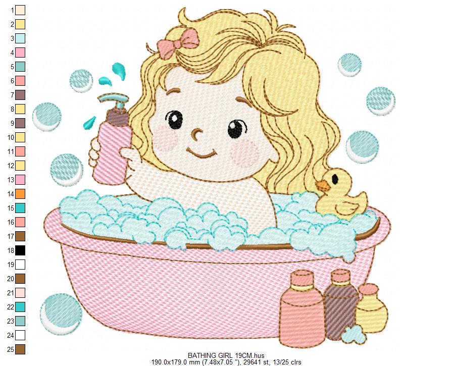 Girl in bathtub embroidery design - Bathing girl machine embroidery pattern - Baby Girl file - Instant digital download pes jef dst