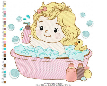 Girl in bathtub embroidery design - Bathing girl machine embroidery pattern - Baby Girl file - Instant digital download pes jef dst