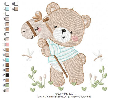 Teddy Bear embroidery designs - Baby boy Bear with toy horse machine pattern - Cute Teddy Bear (Digital download)