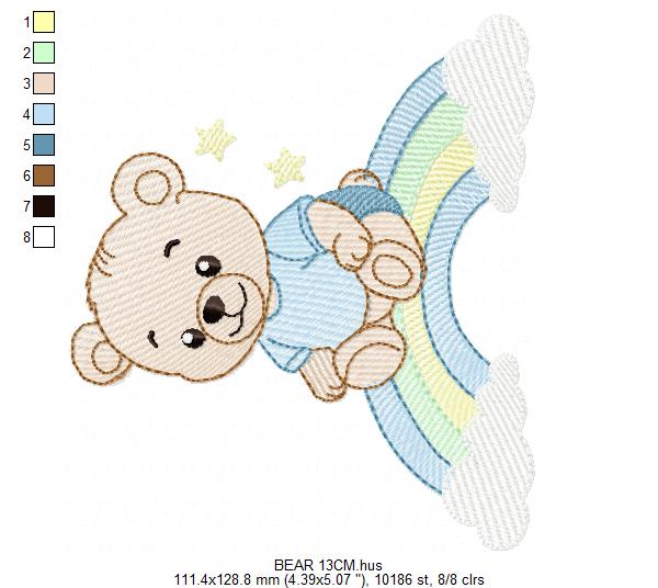 Baby Boy Bear embroidery design - Bear with rainbow machine pattern - Cute Teddy Bear (Digital download)