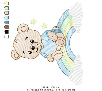 Baby Boy Bear embroidery design - Bear with rainbow machine pattern - Cute Teddy Bear (Digital download)
