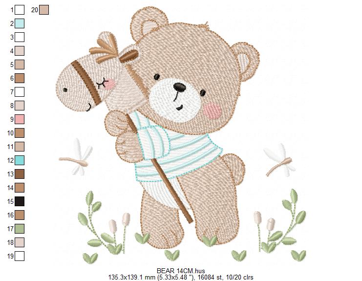 Teddy Bear embroidery designs - Baby boy Bear with toy horse machine pattern - Cute Teddy Bear (Digital download)