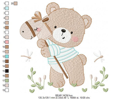 Teddy Bear embroidery designs - Baby boy Bear with toy horse machine pattern - Cute Teddy Bear (Digital download)