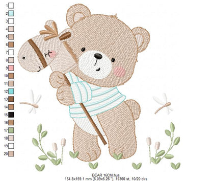 Teddy Bear embroidery designs - Baby boy Bear with toy horse machine pattern - Cute Teddy Bear (Digital download)