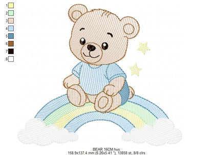 Baby Boy Bear embroidery design - Bear with rainbow machine pattern - Cute Teddy Bear (Digital download)