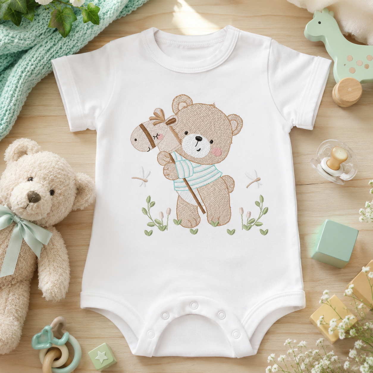 Teddy Bear embroidery designs - Baby boy Bear with toy horse machine pattern - Cute Teddy Bear (Digital download)