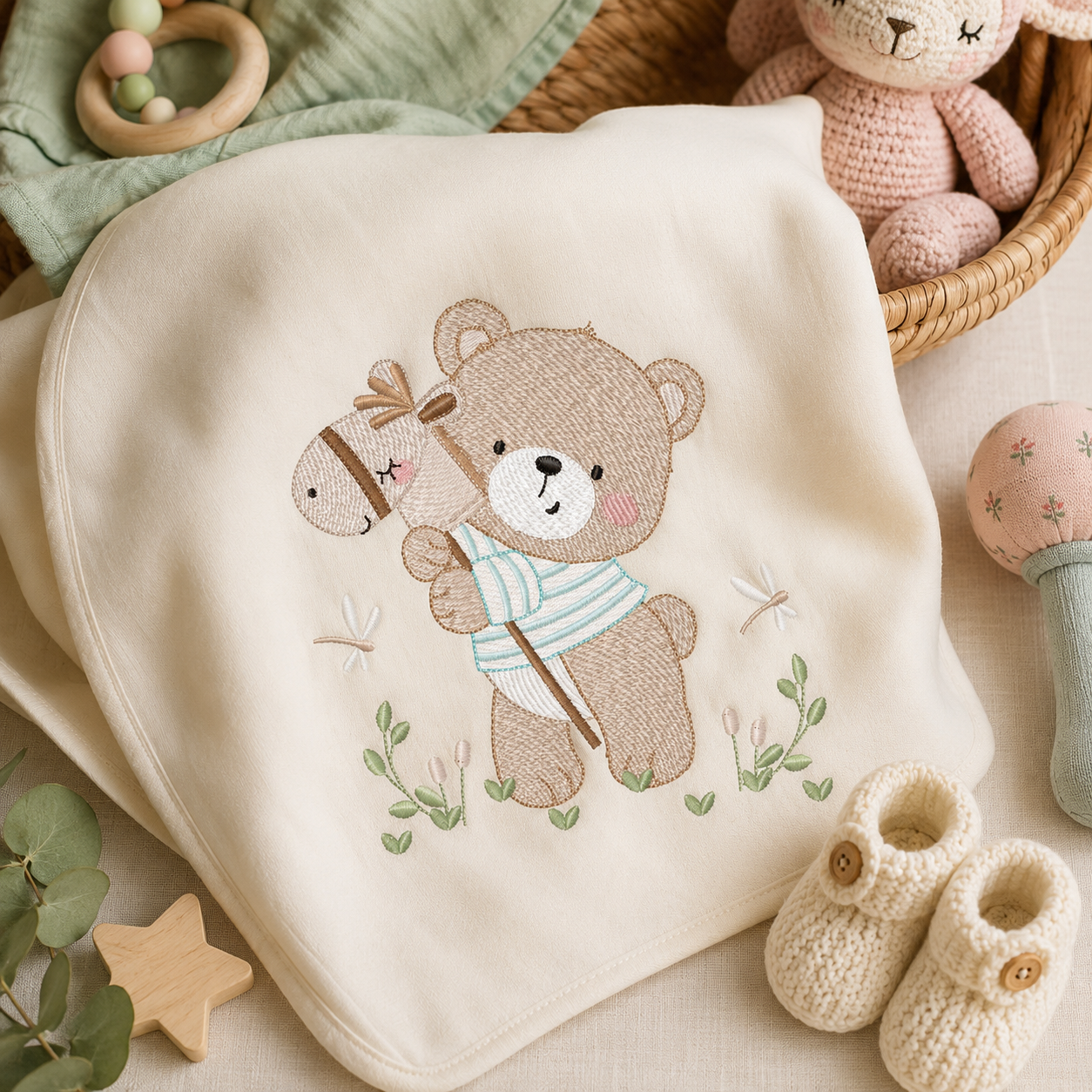 Teddy Bear embroidery designs - Baby boy Bear with toy horse machine pattern - Cute Teddy Bear (Digital download)