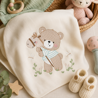 Teddy Bear embroidery designs - Baby boy Bear with toy horse machine pattern - Cute Teddy Bear (Digital download)