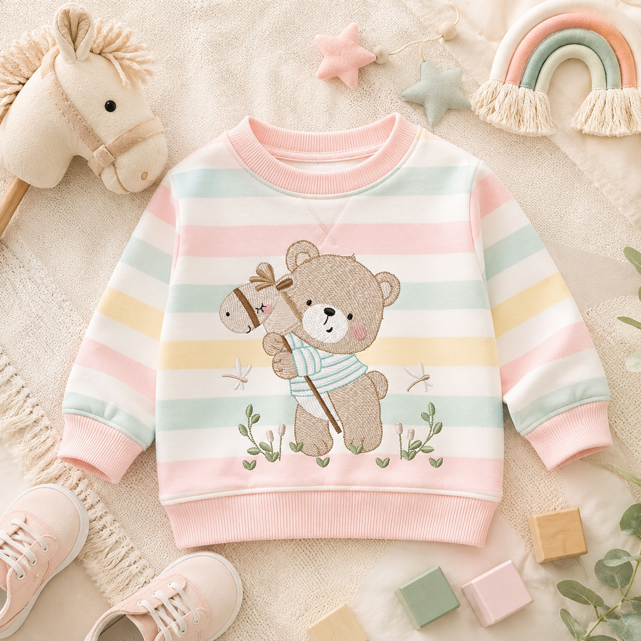 Teddy Bear embroidery designs - Baby boy Bear with toy horse machine pattern - Cute Teddy Bear (Digital download)