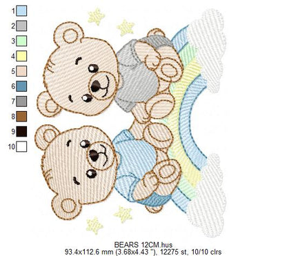 Baby Bear Brothers embroidery design - Baby boy Bear with rainbow machine pattern - Cute Teddy Bear (Digital download)