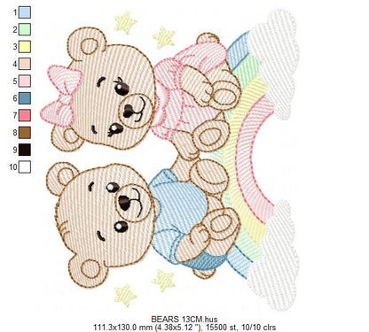 Baby Bear embroidery design - Brother and Sister with rainbow machine pattern - Cute Teddy Bear (Digital download)
