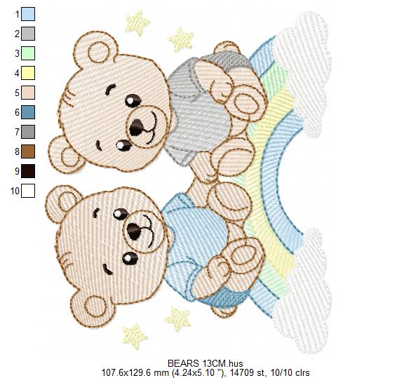 Baby Bear Brothers embroidery design - Baby boy Bear with rainbow machine pattern - Cute Teddy Bear (Digital download)