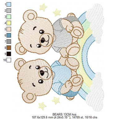 Baby Bear Brothers embroidery design - Baby boy Bear with rainbow machine pattern - Cute Teddy Bear (Digital download)