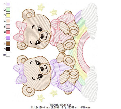 Baby Bear embroidery design - Bear sisters with rainbow machine pattern - Cute Teddy Bear (Digital download)