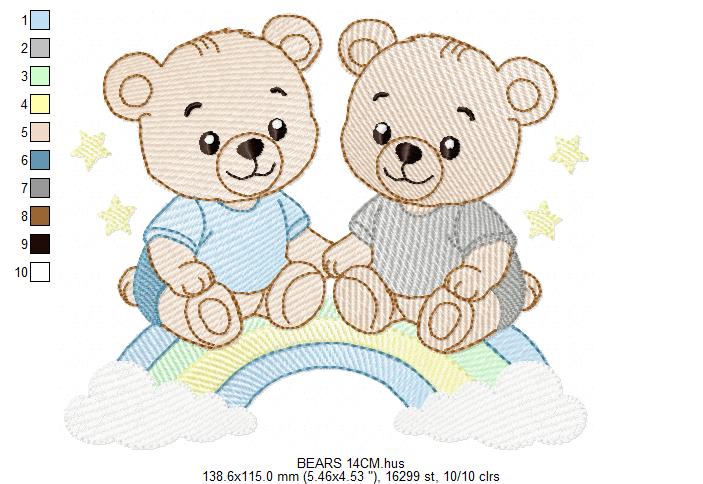 Baby Bear Brothers embroidery design - Baby boy Bear with rainbow machine pattern - Cute Teddy Bear (Digital download)