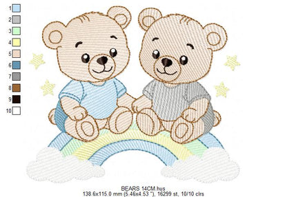 Baby Bear Brothers embroidery design - Baby boy Bear with rainbow machine pattern - Cute Teddy Bear (Digital download)