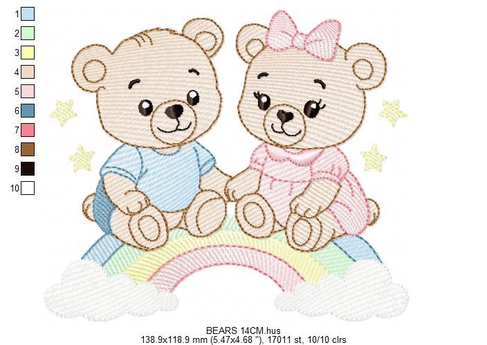 Baby Bear embroidery design - Brother and Sister with rainbow machine pattern - Cute Teddy Bear (Digital download)