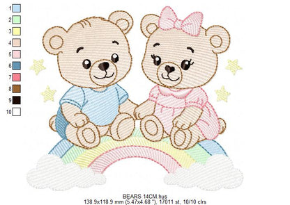 Baby Bear embroidery design - Brother and Sister with rainbow machine pattern - Cute Teddy Bear (Digital download)