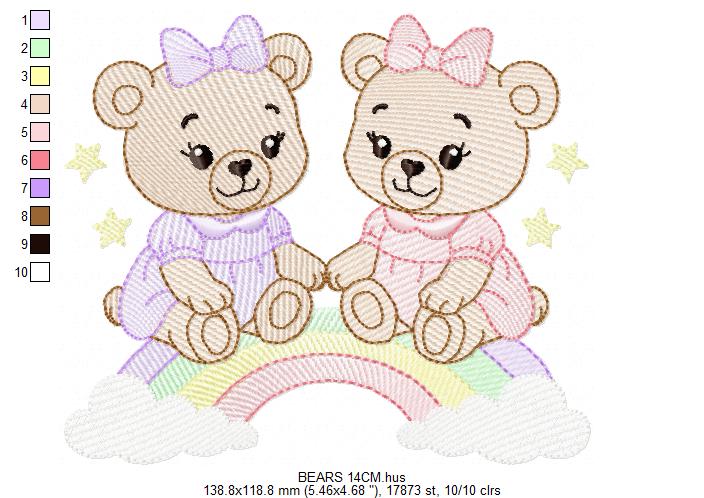 Baby Bear embroidery design - Bear sisters with rainbow machine pattern - Cute Teddy Bear (Digital download)