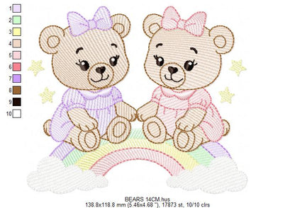 Baby Bear embroidery design - Bear sisters with rainbow machine pattern - Cute Teddy Bear (Digital download)
