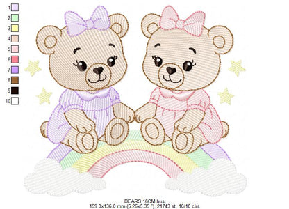 Baby Bear embroidery design - Bear sisters with rainbow machine pattern - Cute Teddy Bear (Digital download)