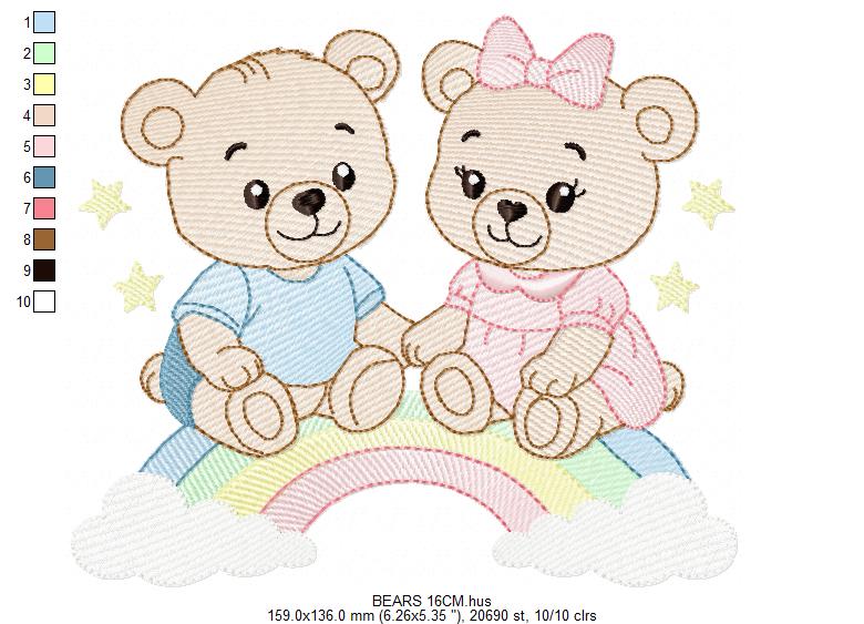 Baby Bear embroidery design - Brother and Sister with rainbow machine pattern - Cute Teddy Bear (Digital download)