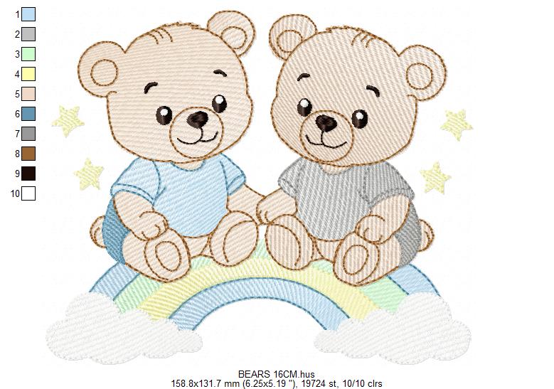 Baby Bear Brothers embroidery design - Baby boy Bear with rainbow machine pattern - Cute Teddy Bear (Digital download)