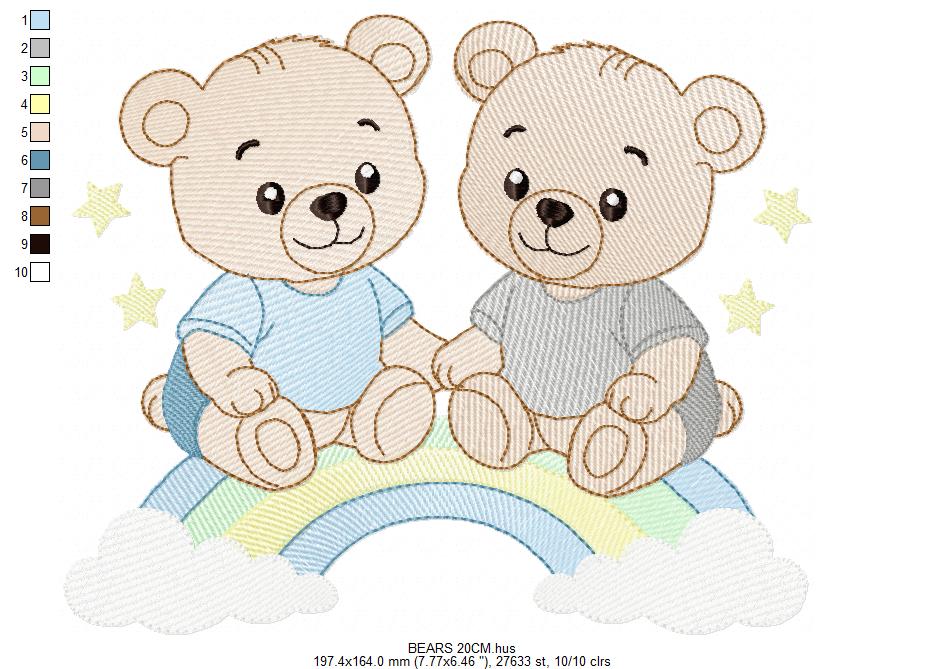 Baby Bear Brothers embroidery design - Baby boy Bear with rainbow machine pattern - Cute Teddy Bear (Digital download)