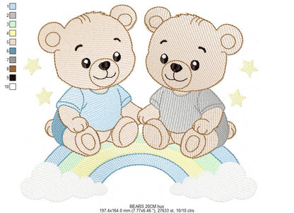 Baby Bear Brothers embroidery design - Baby boy Bear with rainbow machine pattern - Cute Teddy Bear (Digital download)